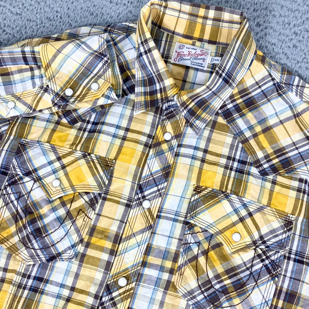 True Religion Shirt Mens XXL Yellow Rocky Plaid Pearl Snap Long Sleeve Western